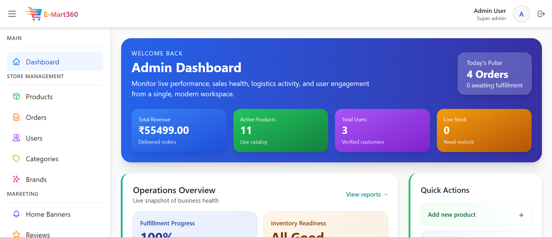This is the main screen for managing the shop's business. It shows all the big numbers, like the total money earned and how many new orders are waiting to be packed. The system quickly gives a warning if any product is running low on stock. This clear screen makes it easy for the shop owner to know everything about the business at a quick glance, helping them work faster and smarter. - Media Gallery Image for E-Mart360 – Smart E-Commerce Management Platform | CYNOR TECH AI Solution