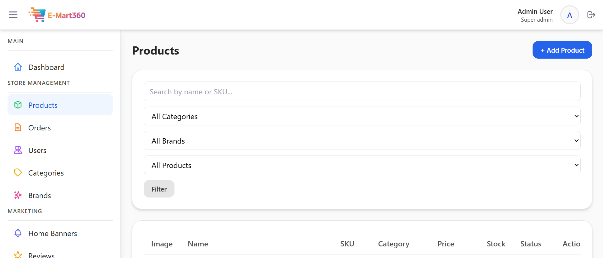 This screen is where the shop manages all its products and items. It is easy to search for any item, check its price, and see how much stock is left. The shop owner can quickly Add New Product or change the details of old items here. This makes keeping track of all the shop's goods simple, whether it sells clothes, food, or electronics. - Media Gallery Image for E-Mart360 – Smart E-Commerce Management Platform | CYNOR TECH AI Solution