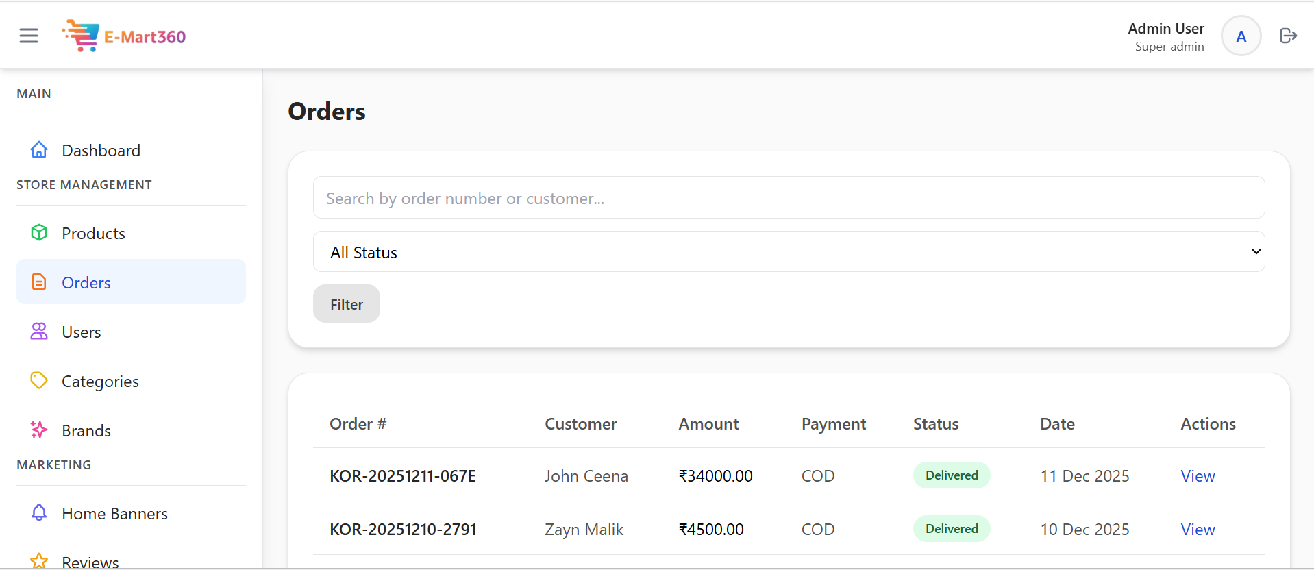 This screen helps the shop see and manage all the customer orders. It clearly shows the customer name, the total money paid, and if the order is ready or delivered. The shop can easily search for an order by number or by the customer's name. This makes tracking every sale simple, so no order is ever missed or delivered late. - Media Gallery Image for E-Mart360 – Smart E-Commerce Management Platform | CYNOR TECH AI Solution