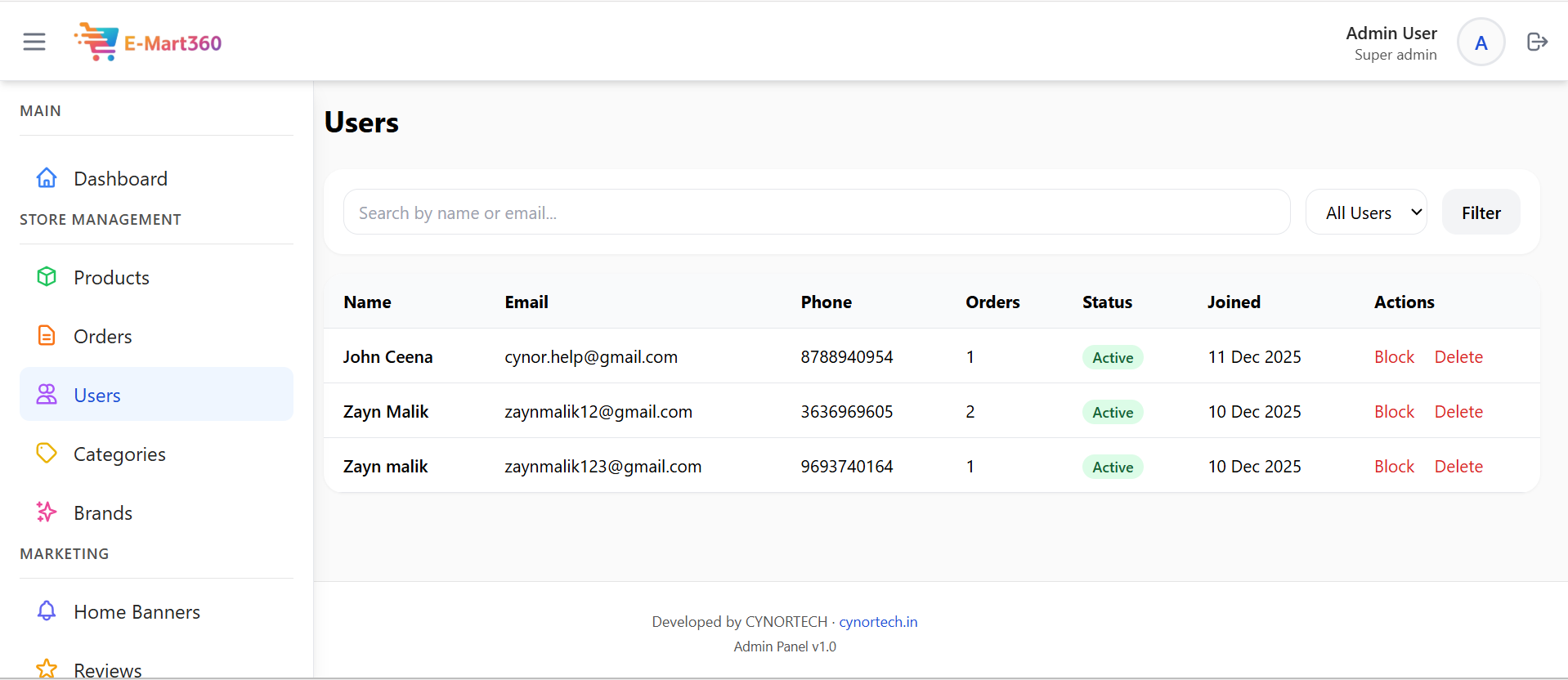 This screen is for managing all the shop's customers who have signed up. It clearly shows the customer's name, their phone number, and how many orders they have placed. The shop owner can easily see if a user is Active or block them if needed. This helps the shop owner keep a simple record of all their valuable customers. - Media Gallery Image for E-Mart360 – Smart E-Commerce Management Platform | CYNOR TECH AI Solution