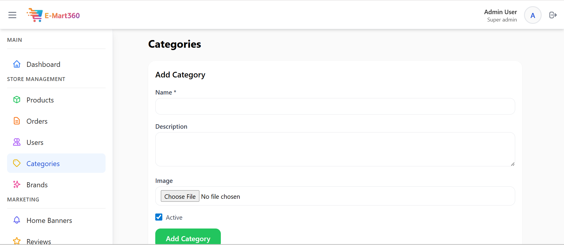 This screen is used to organize all the different types of products sold by the shop. It allows the shop owner to create a new category, like 'Shirts', 'Vegetables', or 'Mobile Phones'. A shop can easily add the Name and Description for the new type of product here. This makes sure that customers can easily find what they are looking for on the shop's website. - Media Gallery Image for E-Mart360 – Smart E-Commerce Management Platform | CYNOR TECH AI Solution
