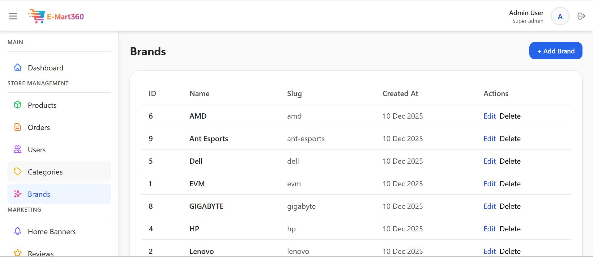 This screen is for managing the Brands of the products sold in the shop. The shop owner can easily add the name of a new brand, like 'Puma', 'Amul', or 'Samsung'. It helps keep all the brand names organized in one place. This makes it simple for customers to search and find products from their favorite companies. - Media Gallery Image for E-Mart360 – Smart E-Commerce Management Platform | CYNOR TECH AI Solution