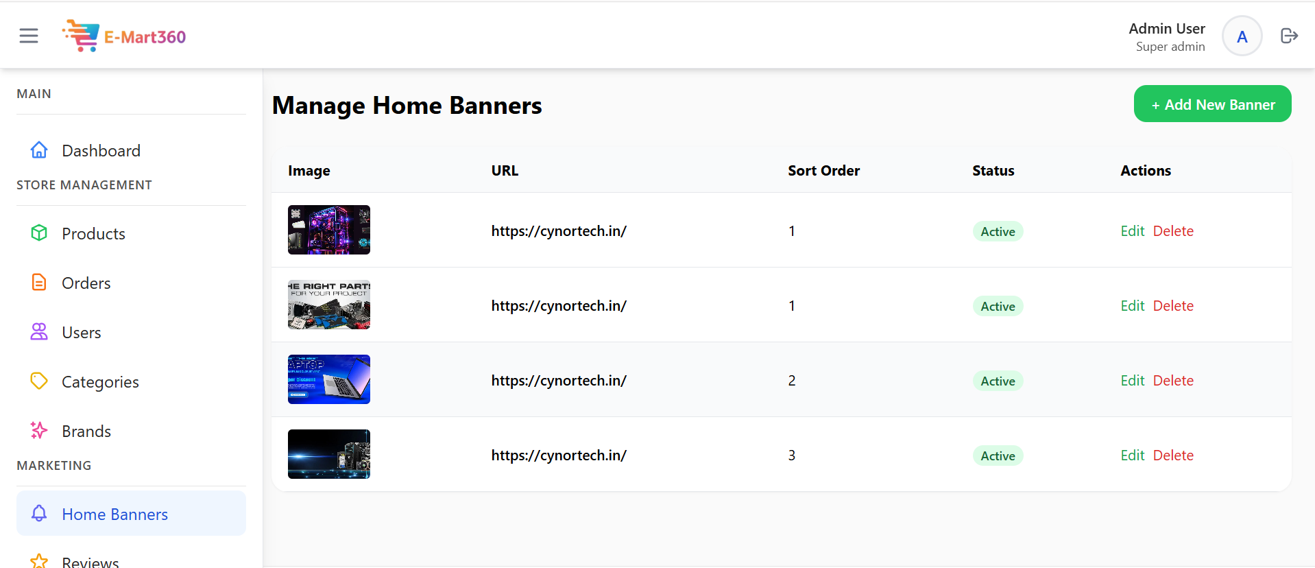 This screen helps the shop owner set up the big pictures or advertisements (banners) that show on the top of the website. The owner can easily change the picture, decide where it should go, and make it Active or Inactive. This is important for showing customers the shop's best offers and making the website look new and attractive. - Media Gallery Image for E-Mart360 – Smart E-Commerce Management Platform | CYNOR TECH AI Solution
