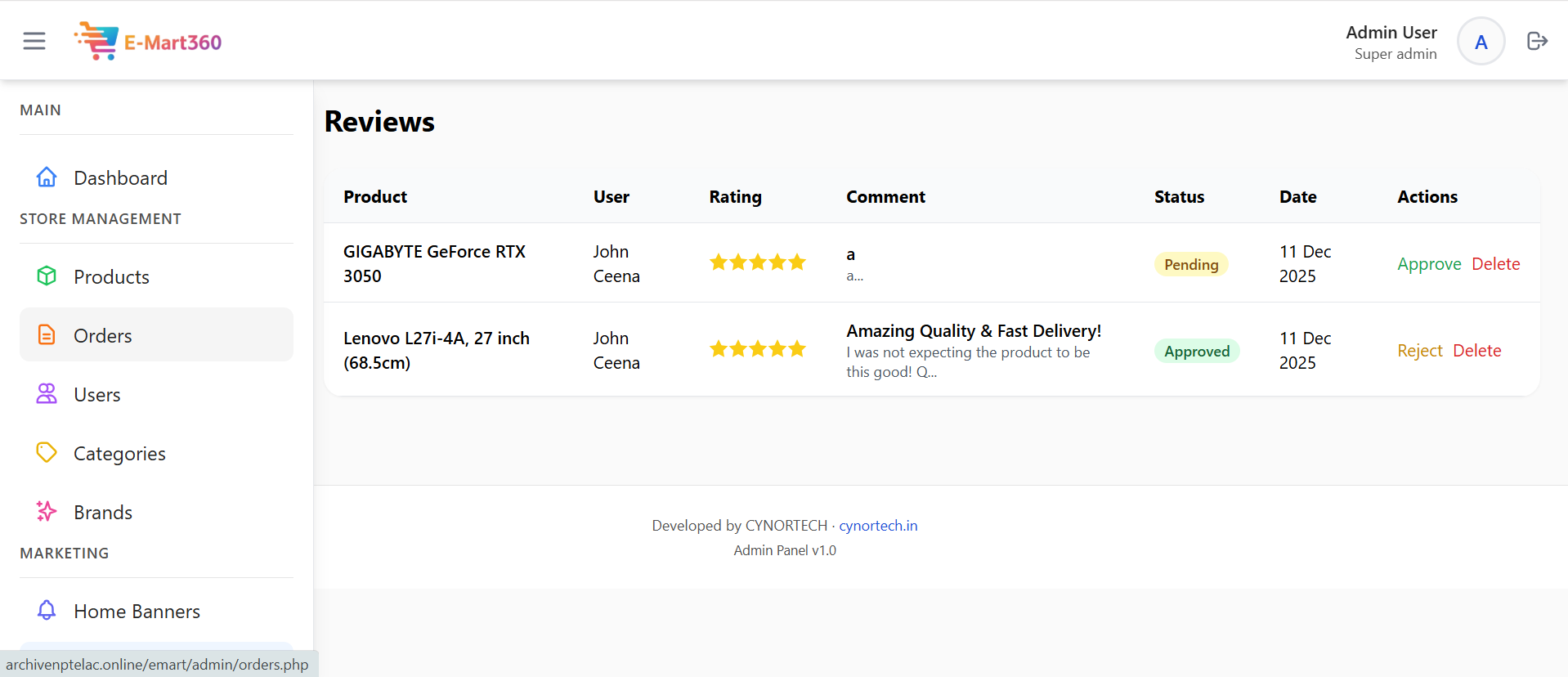 This screen is where the shop owner manages all the customer reviews and ratings. It shows what the customer wrote, how many stars they gave, and for which product. The shop owner can easily Approve a good review or Reject a bad one before it shows on the website. This helps the shop keep its image clean and trustworthy for new customers. - Media Gallery Image for E-Mart360 – Smart E-Commerce Management Platform | CYNOR TECH AI Solution