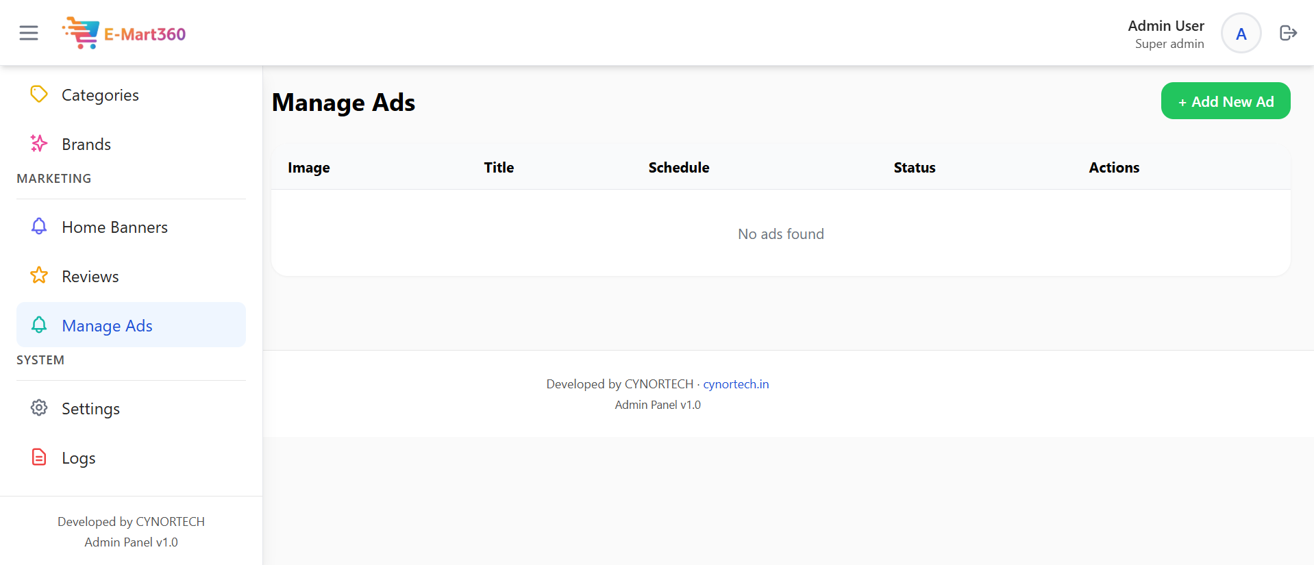 This screen is used to run special advertisements (ads) for the shop's products. The shop owner can easily add new pictures and words for an ad here. It also allows setting a Schedule (start and end date) for when the ad should run. This helps the shop reach more people and sell more products using simple online ads. - Media Gallery Image for E-Mart360 – Smart E-Commerce Management Platform | CYNOR TECH AI Solution