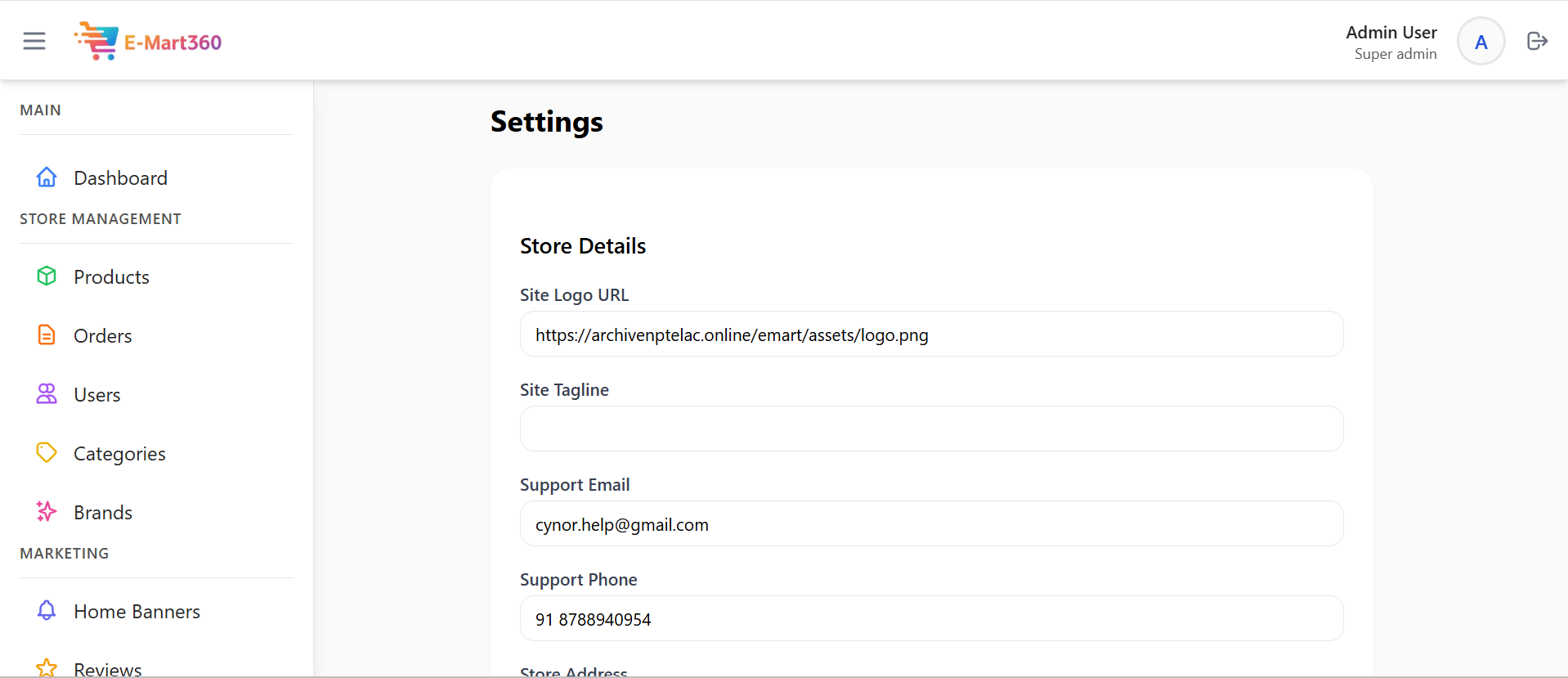 This screen is for managing the main details and setup of the shop's entire website. The shop owner can easily change the shop's Logo, update the main Tagline (short message), and change the Support Email and Phone Number. This helps the shop keep all the important public information correct and easy for customers to see. - Media Gallery Image for E-Mart360 – Smart E-Commerce Management Platform | CYNOR TECH AI Solution