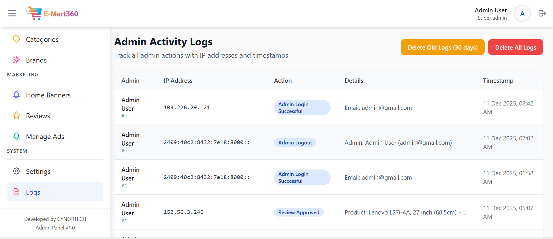This screen keeps a record of every action done by the Admin. It shows the exact date and time the Admin logged in, changed anything, or approved a review. This helps the shop owner see exactly who did what and when. This feature makes the software very safe and helps to track all staff activities easily. - Media Gallery Image for E-Mart360 – Smart E-Commerce Management Platform | CYNOR TECH AI Solution