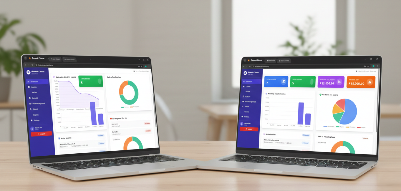 Main Dashboard Overview: A side-by-side view of the management panel showing visual analytics, income graphs, and student distribution charts on sleek laptops. - Media Gallery Image for ClassFlow - Simplify Your Teaching, Automate Your Management | CYNOR TECH AI Solution