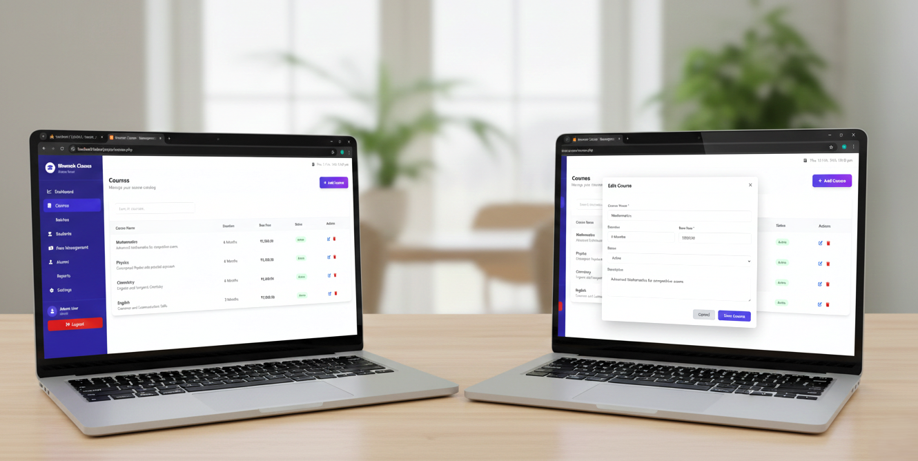 Course Management: Displays the "Courses" section where owners can easily list, edit, and manage different academic subjects with their respective fees. - Media Gallery Image for ClassFlow - Simplify Your Teaching, Automate Your Management | CYNOR TECH AI Solution
