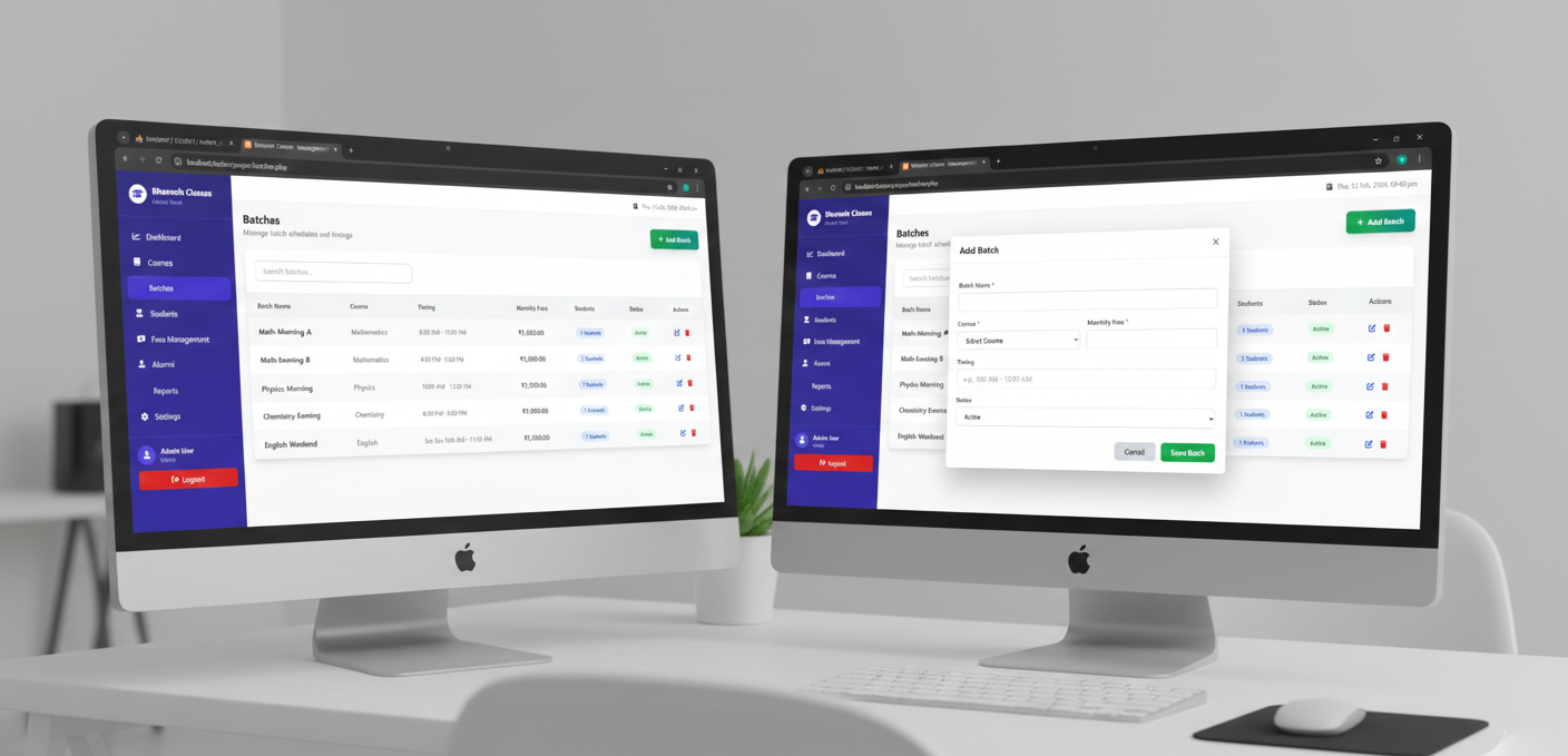 Batch Scheduling: Shows the interface for creating and managing specific "Batches," including timings, assigned courses, and student counts on desktop screens. - Media Gallery Image for ClassFlow - Simplify Your Teaching, Automate Your Management | CYNOR TECH AI Solution
