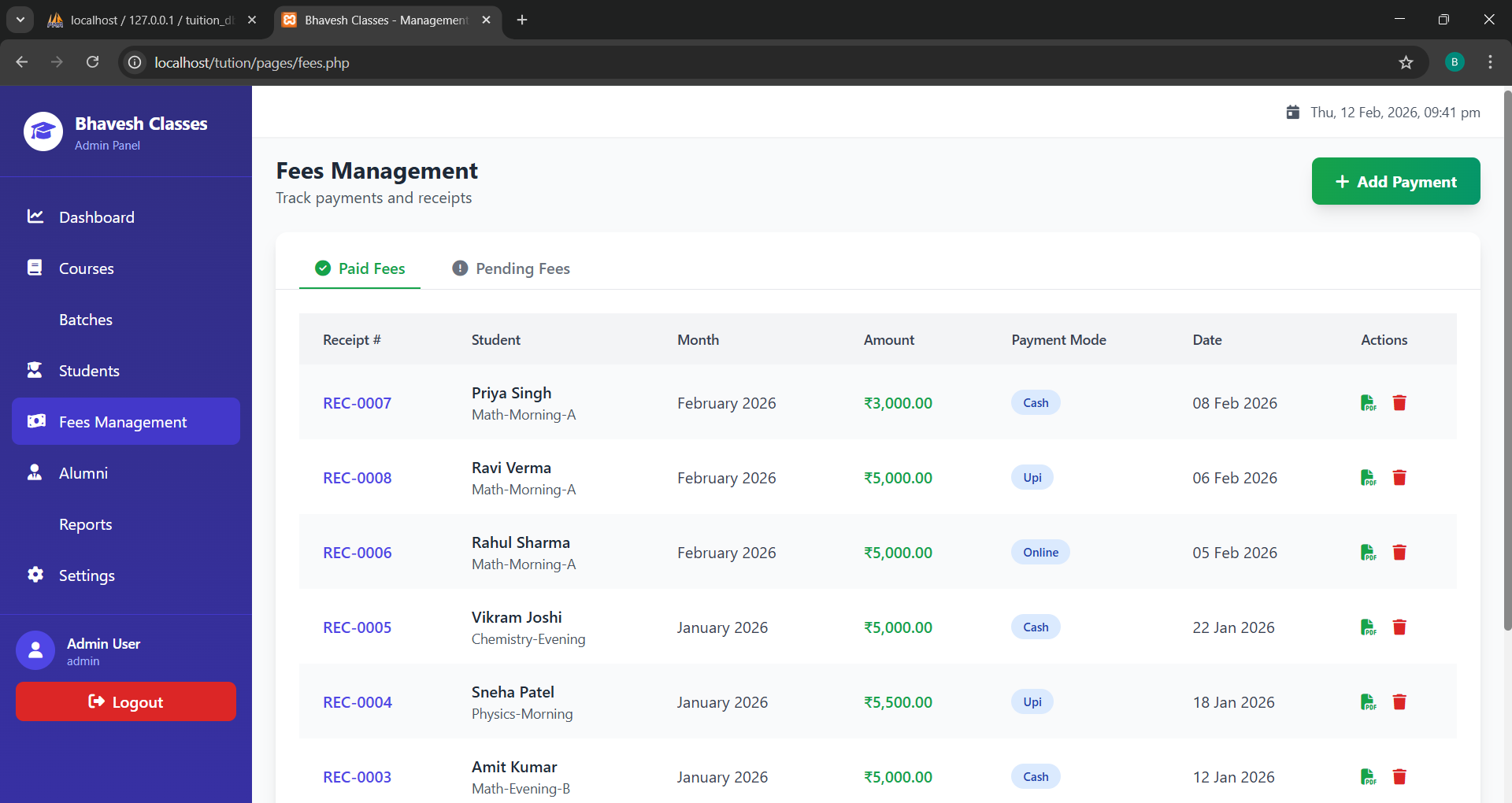 Paid Fees Tracker: A detailed log of successful payments showing receipt numbers, payment modes (Cash/Online/UPI), and dates for easy bookkeeping. - Media Gallery Image for ClassFlow - Simplify Your Teaching, Automate Your Management | CYNOR TECH AI Solution