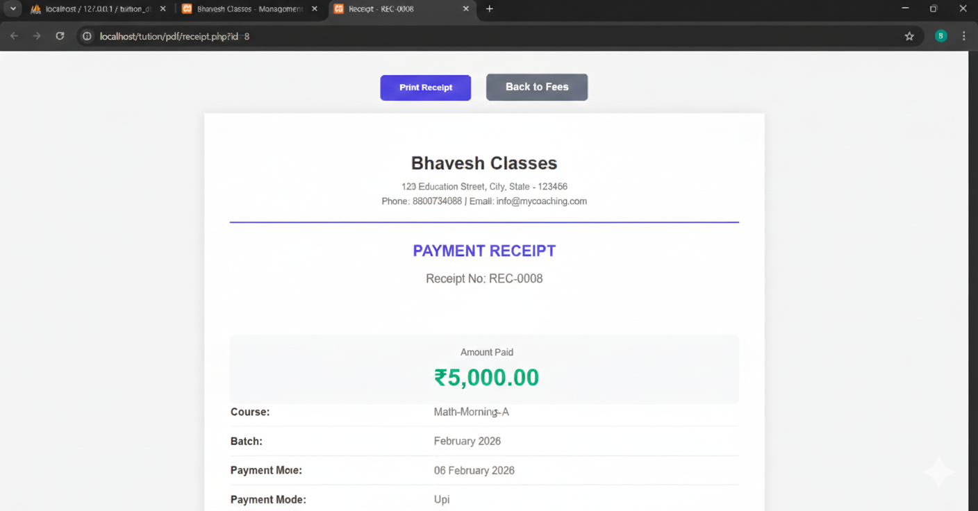 successful payments showing receipt - Media Gallery Image for ClassFlow - Simplify Your Teaching, Automate Your Management | CYNOR TECH AI Solution