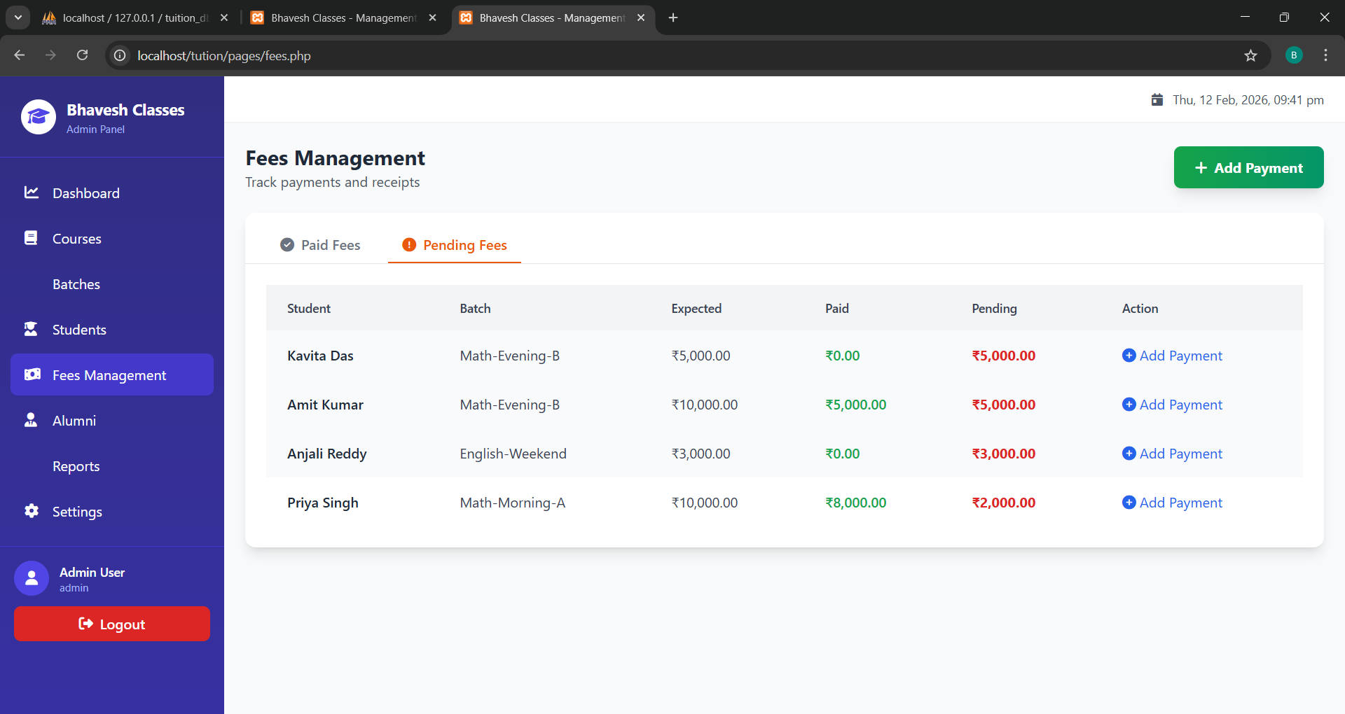 Pending Fees Management: A dedicated view to track students with outstanding balances, showing exactly how much is expected versus what has been paid. - Media Gallery Image for ClassFlow - Simplify Your Teaching, Automate Your Management | CYNOR TECH AI Solution
