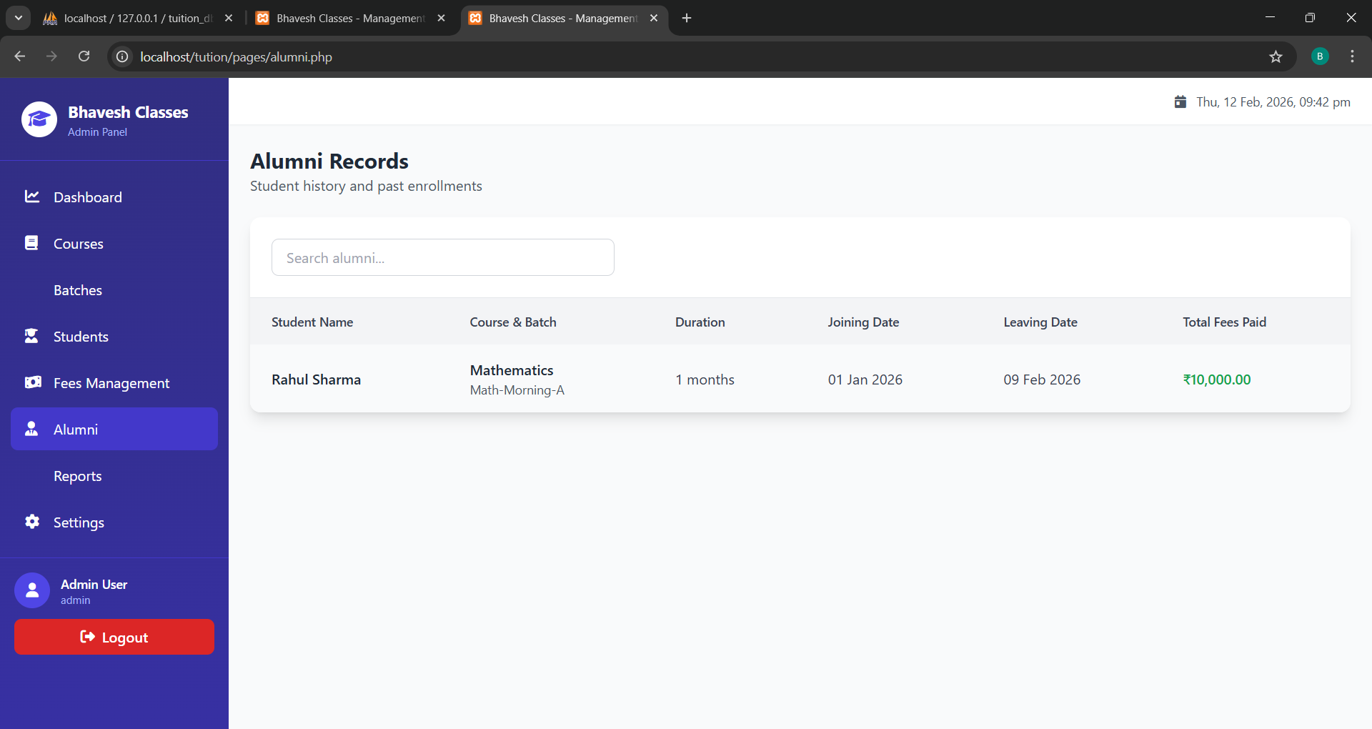 Alumni Records: A historical database of past students, tracking their total duration at the tuition and the total fees they contributed. - Media Gallery Image for ClassFlow - Simplify Your Teaching, Automate Your Management | CYNOR TECH AI Solution