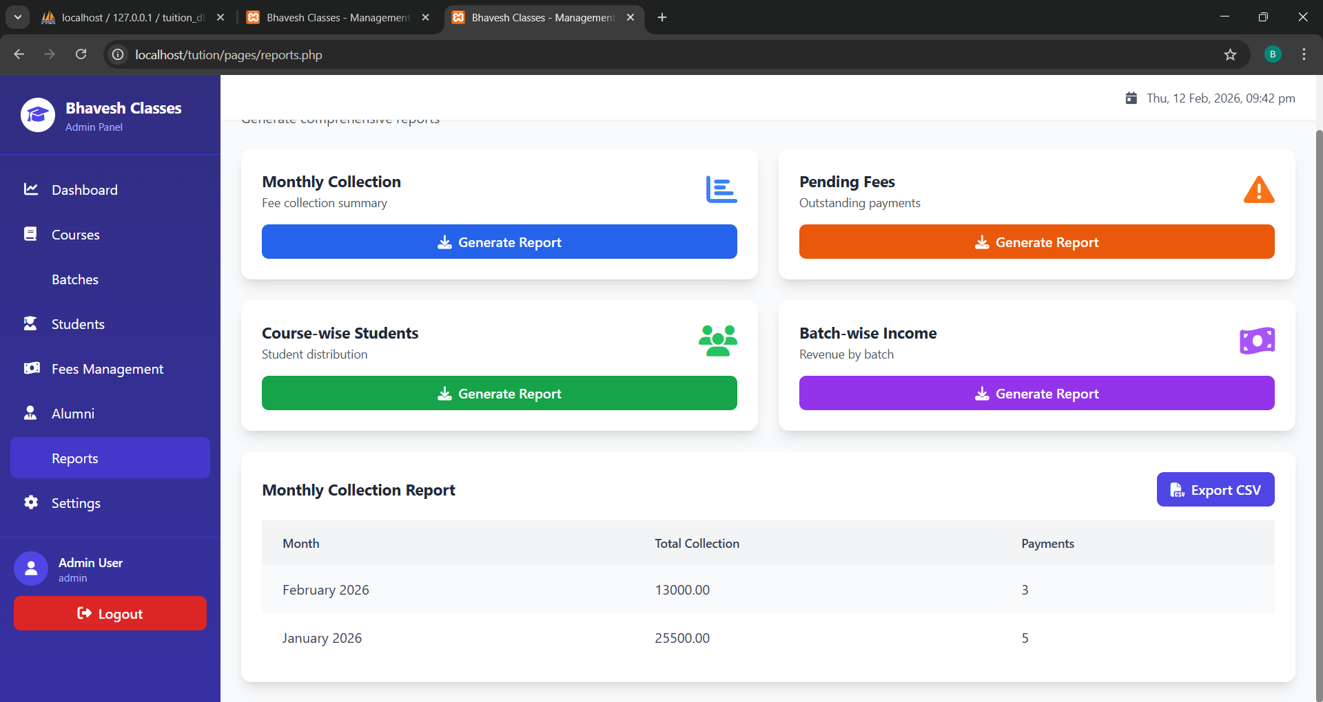 Reports & Analytics: A powerful reporting tool to generate "Monthly Collection," "Pending Fees," and "Batch-wise Income" reports with one click. - Media Gallery Image for ClassFlow - Simplify Your Teaching, Automate Your Management | CYNOR TECH AI Solution