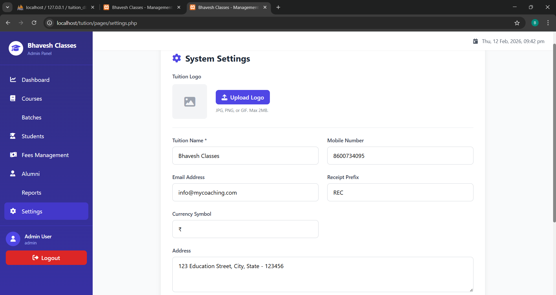 System Settings: The customization hub where the owner can upload their own logo, set tuition details, and configure the currency and address. - Media Gallery Image for ClassFlow - Simplify Your Teaching, Automate Your Management | CYNOR TECH AI Solution